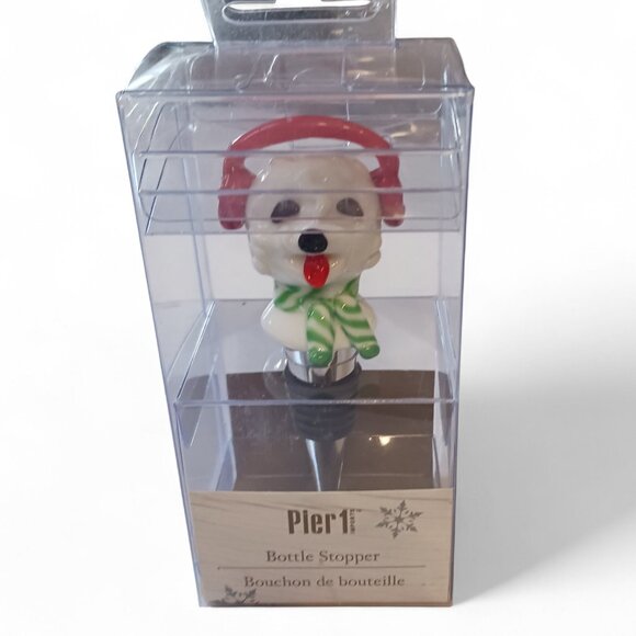 NWT Pier 1 Christmas Dog Wine Bottle Stopper – Red Earmuffs & Scarf 🎄 - Picture 1 of 9